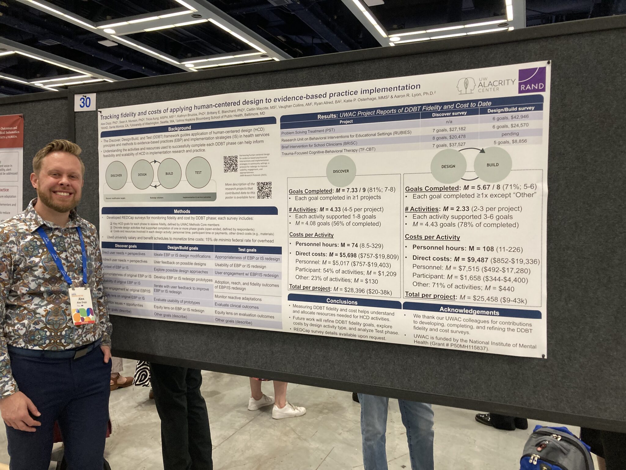 Alex Dopp in front of the poster for Tracking Costs and Fidelity of Applying Human-Centered Design to Evidence-Based Practice Implementation.